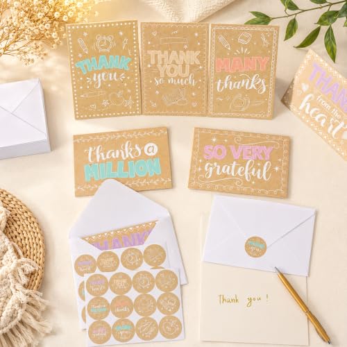 48 Pack Rustic Thank You Cards With Envelopes Cute Kraft Thank You Cards Bulk Fun Rustic Greeting Gift Kraft Blank Note Card Set with Sticker for Back to School Birthday Baby Shower Supplies 4x6inch