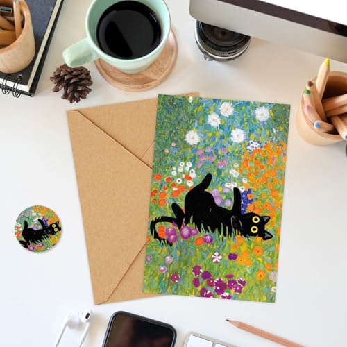 FYSUIMU 36 Pack Black Cat Painting Greeting Card Floral Animal Blank Note Card With Envelope Matching Seal Sticker for Spring Party Favor Supplies, 4 x 6 Inch - style: Cat