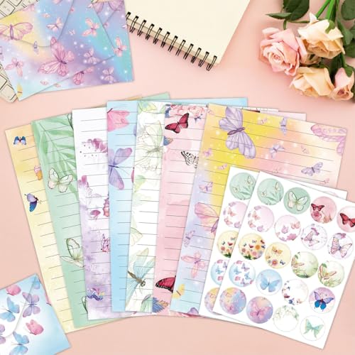 160 Pcs Stationery Paper Envelopes Set | Includes 50 Writing Paper & 50 Envelopes & 60 Stickers, Butterfly Letter Writing and Stationery Paper Envelopes(10Style) - color: Watercolor Butterfly