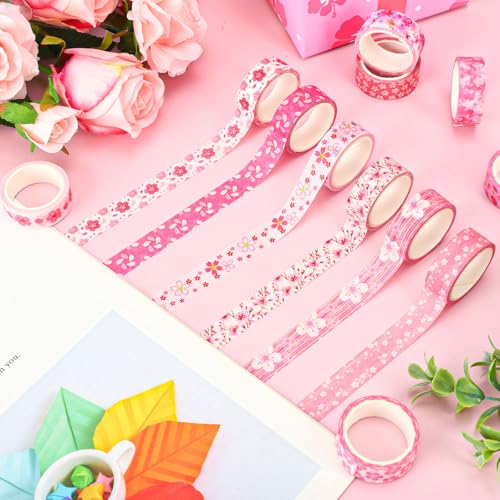 Whaline 12 Rolls Cherry Blossom Flower Washi Tape Floral Masking Tape Set Pink Sakura Decorative Wrapping Paper Tapes Boxed for Spring Scrapbook Journal DIY Crafts - style: Cherry Blossom