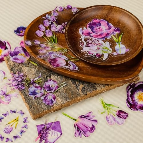 56Pcs Natural Flower PET Stickers Set | Transparent floral decals with lavender and tulip designs for scrapbooking, journals,laptops and personal decor. - style: Purple Tulip Floral