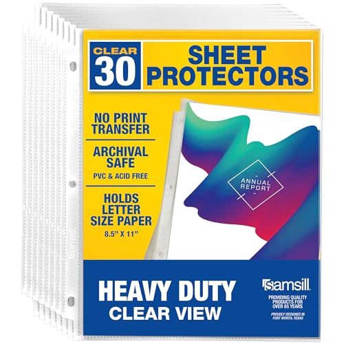 Samsill 30 Pack Heavy Duty Sheet Protectors, Crystal Clear, 8.5x11 Inch Page Protectors for 3 Ring Binder, Letter Size Protectors with Reinforced Holes, Clear Document Sleeve, Top Loading, Acid Free - size: 30 Pack, style: Crystal Clear