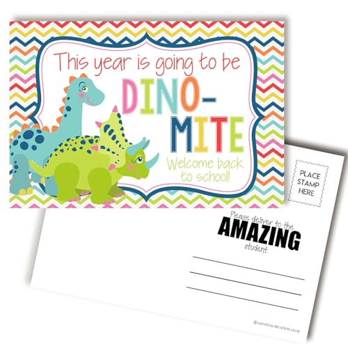Amanda Creation Dinosaur Postcards, 30 Pack 4x6 Welcome to School Postcards for Students from Teacher, Dino-Mite Design - style: Dinosaur
