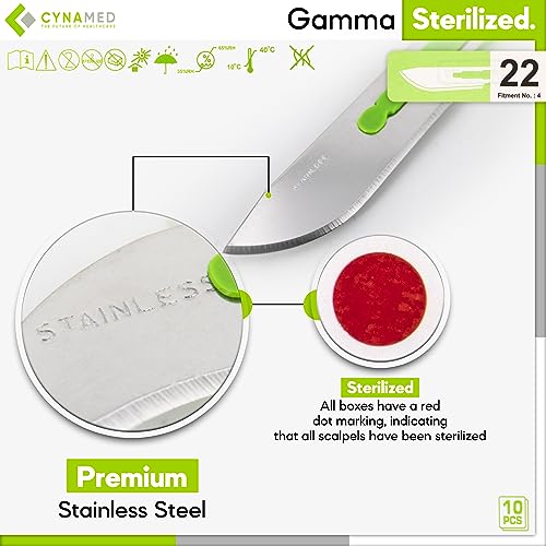 CYNAMED # 22 Disposable Scalpel with Plastic Handle - Sterile Single Blade Razor for Dermaplaning, Dissection, Podiatry, Professional Grooming, Acne Removal - Surgical Stainless Steel Tool - Box of 10 - style: No.22
