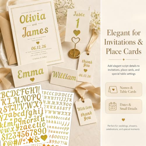Gold Letter Stickers 0.5 Inch & 1 Inch, 15 Sheets Vinyl Cursive Gold Alphabet Number Stickers, Faux Glitter Golden Script Letter Stickers for Cards Envelopes Gift Wrap Invitations Planner Craft DIY - style: Gold Script 0.5" & 1" - 15 Sheets