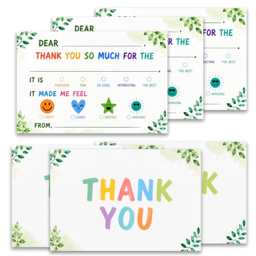 Green Leaves Thank You Card For Kids, 20 Pack Thank You Notes Cards With Envelopes, Fill In The Blank Colorful Birthday Party Greeting Cards, Baby Shower Party Decor Decoration, 02 - color: Green