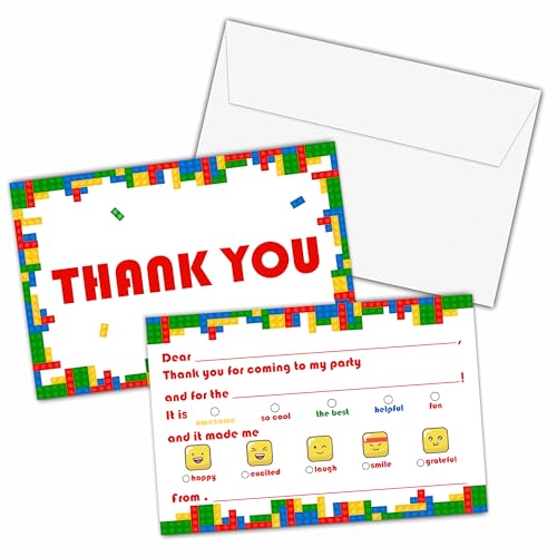 Colorful Thank You Cards, Building Block Border Thank You Notes for Birthday Party, Greeting Postcards for Girls Boys, 25 Pack Fill-in-Blank Gratitude Cards with Envelopes, 08 - color: Building Block