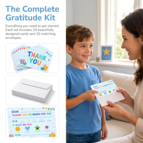 Blue Thank You Card For Kids, 20 Pack Thank You Notes Cards With Envelopes, Fill In The Blank Colorful Birthday Party Greeting Cards, Baby Shower Party Decor Decorations, 01 - color: Blue