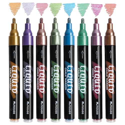 Liquid Chalk Markers, 8 Pack Metallic Colors with 2-3mm Bullet Tip | For Chalkboard, Menu Board,Blackboard,Glass, Car Window & Non-Porous Surfaces | Dust-Free, Easy to Wipe Off, Odorless & Non-Toxic - color: Metallic