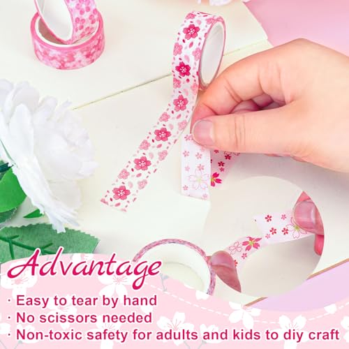 Whaline 12 Rolls Cherry Blossom Flower Washi Tape Floral Masking Tape Set Pink Sakura Decorative Wrapping Paper Tapes Boxed for Spring Scrapbook Journal DIY Crafts - style: Cherry Blossom