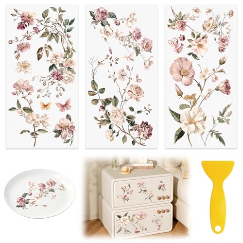 Floral Rub On Transfers for Crafts, 3pcs Flowers and Branches Transfers UV DTF Stickers Waterproof Decals Furniture for Wardrobe DIY Home Door - color: Royal Rose