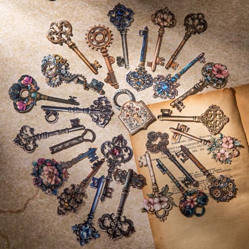 120 Pcs Vintage Skeleton Key & Lock Ephemera, Steampunk Frames | Die-Cut Cardstock Frames, Ornate Victorian Journaling Decals for Scrapbooking, Junk Journals, Art Collage, DIY Crafts - color: The Lost Key