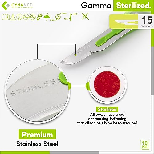 Cynamed Disposable Scalpel Blades| Sharp, Tempered Stainless-Steel Blades | Pack of 10 Sterile Scalpel Knives| Plastic Handle| Individual Pouches| for Dermaplaining, Crafts & More (No.15) - style: No.15