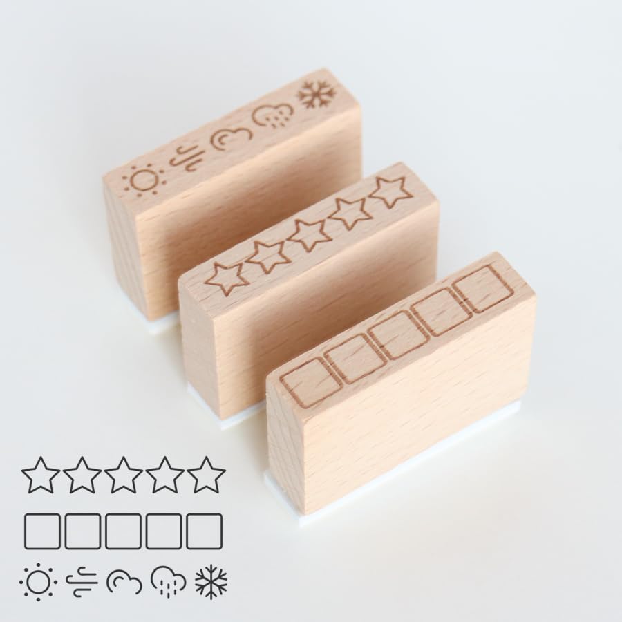 3 PC Rubber Stamp Set – 5 Star Rating, Checklist Box & Daily Weather Tracker for Journals, Planners, Habit Tracking, Scrapbooking & DIY Crafts