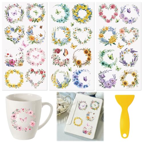 Rub On Transfers for Crafts, 3pcs Colorful Garland Transfers UV DTF Stickers Waterproof Decals Furniture for Cup Wood Scrapbook DIY Home Door - color: Wreath