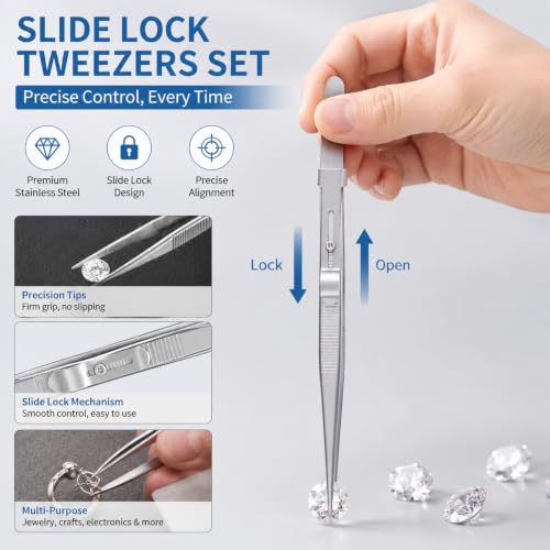 3-Pack Stainless Steel Diamond Tweezers Set with Slide-Locking Claw & Precision Tweezer - Jewelry Gemstone Bead Pickup Tool, Prong Grabber for Stone Setting, Watch Repair & Crafting