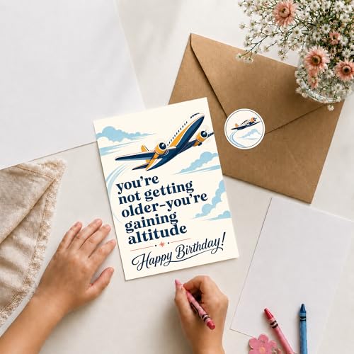 Funny Birthday Card for Pilot, Airplane Lover – Aviation Themed Greeting Card for Him Her, Men Women | Kraft Envelope & Sealing Sticker | Blank Inside to Write Your Message
