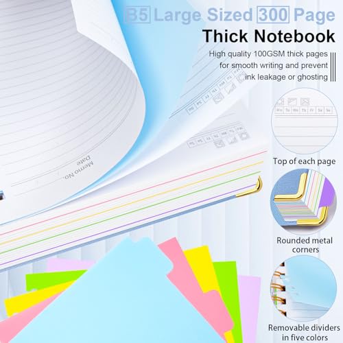 Hardcover Spiral Notebook 8"x10" Journal Notebook with Tabs and Removable Dividers 300 Pages 5 Subject Notebook College Ruled, Faux Leather Spiral Bound Notebook for Women School Work (Lake Blue) - color: Lake Blue, size: 8"x10"(B5)