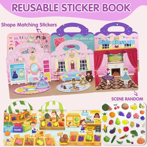 2 Sets Reusable Sticker Book for Kid Girl 3-8 Year Old Birthday Gift - color: 2 Sets - Princess Dress Up/Fruits & Vegetables