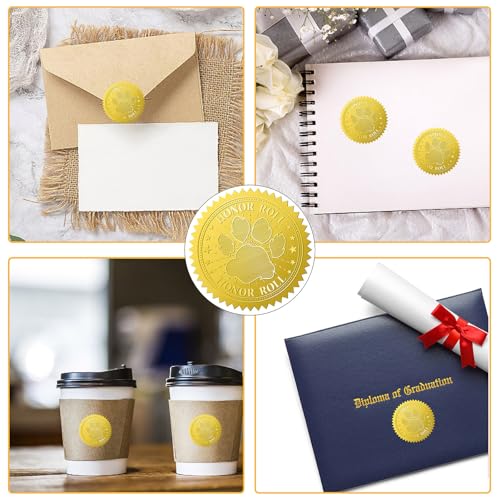 CRASPIRE 408Pcs Dog Paw Print Gold Foil Embossed Stickers 2" Honor Roll Self Adhesive Envelopes Seals Round Labels for Wedding Invitation Graduation Corporate Certificates Diplomas Gift Wrapping Decor - style: Arts Crafts