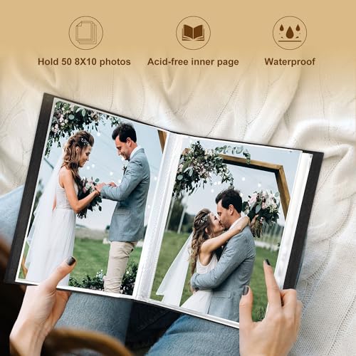 Lanpn Wedding Photo Album 8x10, Each Pack holds 50 Pictures Slip in Pockets Mini Linen Top Loading Wedding Photo Book for Portrait Only 8 x 10 Picture (Flower, Beige) - color: OUR WEDDING - Beige, size: 8x10"/50 Photos