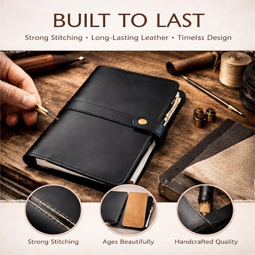 Genuine Leather A5 Journal Cover with Snap Closure – Handmade Refillable Notebook with Card Slots, Pen Holder, Travel Writing Diary for Office & Gift Use 5.75 x 8.25 (Black) - color: Black Leather Journal Cover