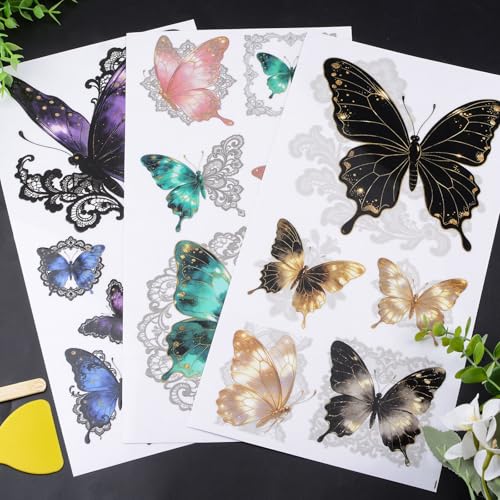 WANDIC 3 Sheets Transfer Stickers for Furniture,3D UV DTF Rub on Transfer Stickers for Craft Butterfly Lace Cup Warp Waterproof Scrapbook Decals Decorative for Cards Glass Wood DIY Crafts,15 * 30cm - color: Butterfly Lace