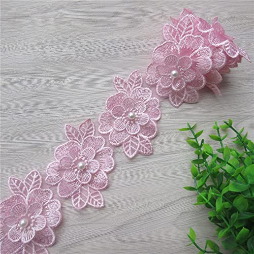 2 Yards 3D Flower Lace Trim Pearl Embroidered Polyester Lace Ribbon Fabric Applique Patchwork for Wedding Dress Handmade DIY Sewing Craft Supplies Decoration (Pink) - color: Pink