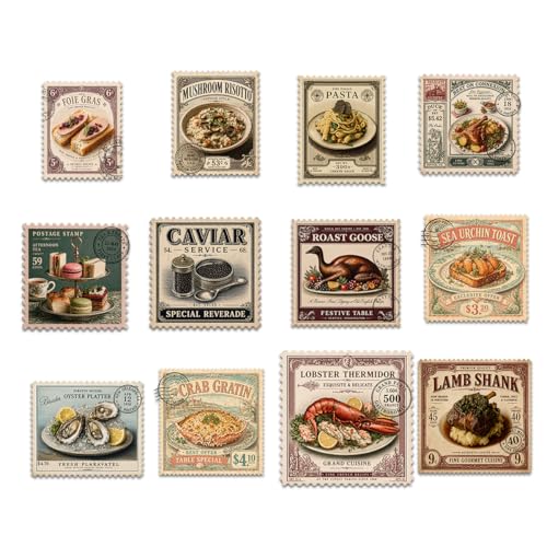 (12pcs-3in) Vintage Postage Stamp Stickers Fine Dining Pack - color: Vintage Fine Dining