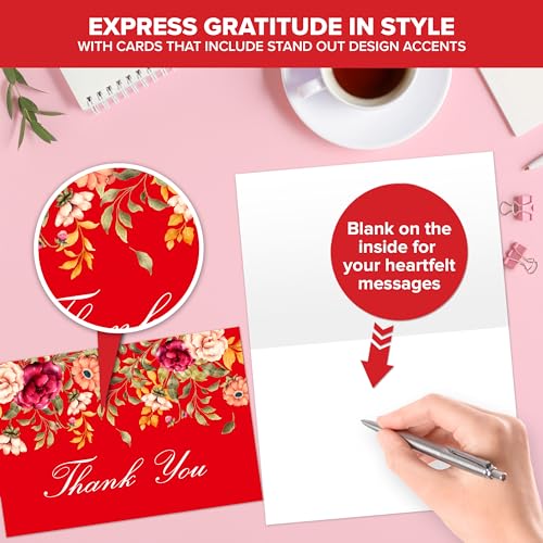 Decorably 24 Pack 6x4in Red Flowers Thank You Cards with Envelopes - style: Red Flowers