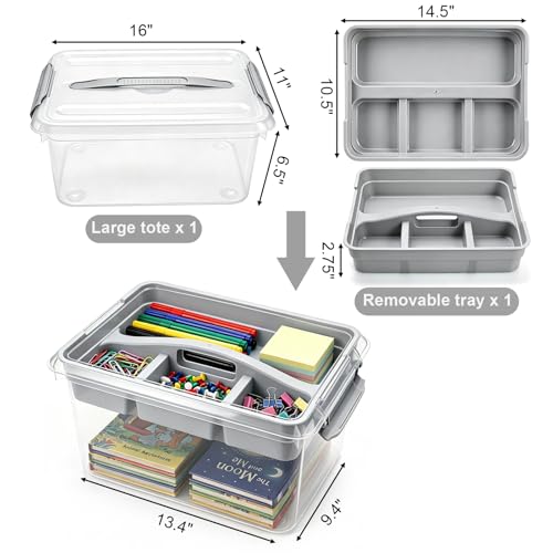 Yesland Portable Craft Storage Box with Removable Tray and Handle, 16x11x6.5 Inch Plastic Art Supply Organizer Container for Stationery, Sewing, Jewelry - Grey (Pack of 3) - size: 16 inches x 11 inches x 6.5 inches (Pack of 3)