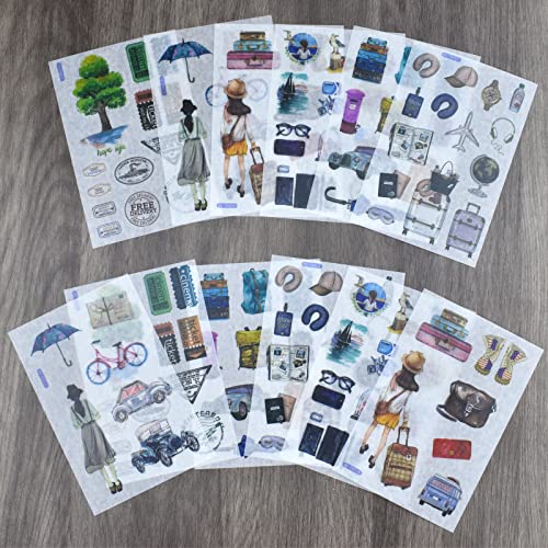 12 Sheets Travel Theme Washi Stickers Suitcase Backpack Vehicle Transportation Ticket Planner Journal Sticker DIY Decoration for Scrapbook Arts Crafts Journaling Letter Envelope Postcard Collage Diary - color: O