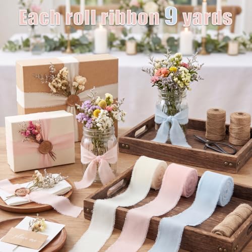 1" x 27 Yd Chiffon Silk Ribbon Set - 3 Rolls Handmade Fringe Chiffon Ribbon - color: Light Blue,Pink, Ivory