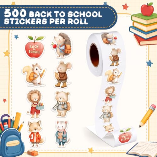 Qeeenar 500 Pcs Back to School Animal Stickers Roll, Reward Teacher | Cute Creatures Ideal Classroom Incentives, Party Favors, Motivational Decals Rewarding Kids and Students, Roll Format - style: Back School