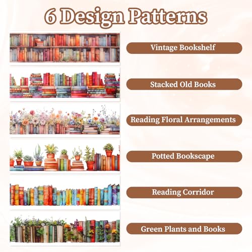 6 Rolls Book-Themed PET Tape, PET Tape Stickers for Journaling, Library and Nature-Inspired Floral washi Stickers Book Journal Supplies for DIY Crafts, Gift Wrapping, Scrapbooking and Journaling - style: Books