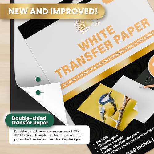 MyArtscape Graphite Transfer Paper - A4 White 20 Sheets | Wax free carbon paper graphite paper sheets for clean erasable tracing on dark surfaces and fabric