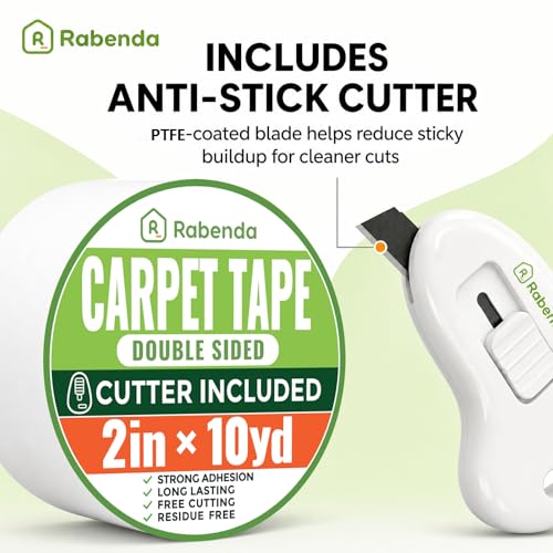 Rabenda Double Sided Carpet Tape for Area Rugs, Includes Anti Stick Cutter