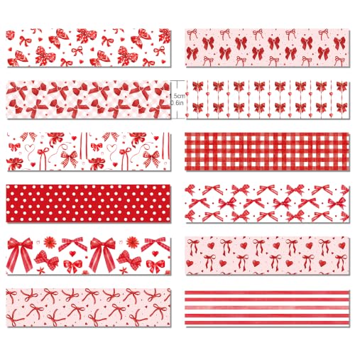Red Bow Washi Tape Set - 12 Rolls Valentine Masking Tape for Journal Crafts