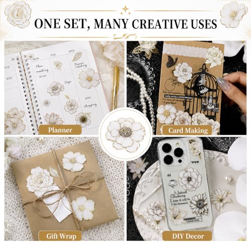 120PCS Gold Foil Flower Stickers for Scrapbooking, 6 Pack 3D PET Floral Stickers for Journaling, White Flower Decals for Crafts, Junk Journal Supplies, Collage and Card Making - color: Gilded Noir & Ink Blossoms