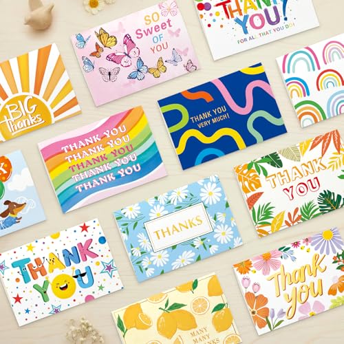 Thank You Cards 48 Bulk with Envelopes & Stickers 10x15cm for Kids Friends - color: Thank you 2