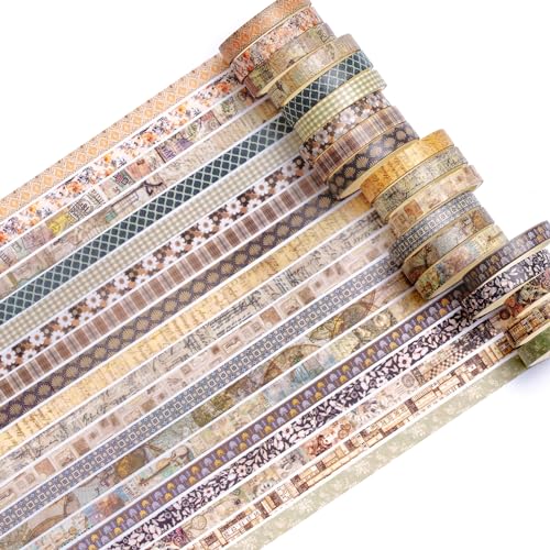 20 Rolls Skinny Vintage Washi Tape Set Retro Arts Adhesive Tapes Basic Patterns Decorative Masking Tape Sets for Craft, Kids, Scrapbook, DIY, Gift Wrapping (Elegance in Time) - color: Elegance in Time