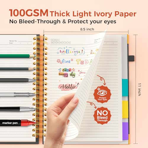 XYark A4 Hardcover Spiral Notebook, 8.5"x11" College Ruled Notebooks with Removable Dividers Tabs & Ruler, 5 Subject Notebook 300 Pages, Large Lined Journal for Women Men School Work Office, Black - color: Black, size: 8.5"x11"(A4)
