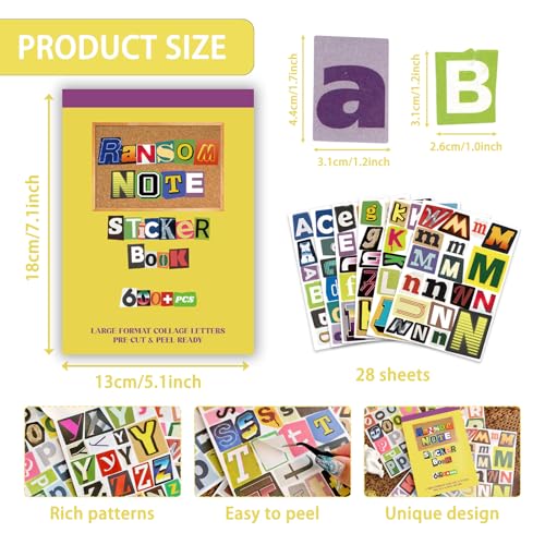 Retro Alphabet Letter Stickers Book for Scrapbooking | Large mixed-font alphabet stickers, peel-ready sheets for scrapbooks, junk journals, cards and DIY collage - color: Yellow