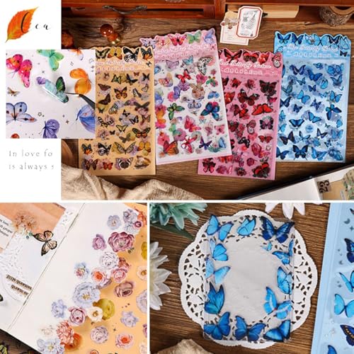 Butterfly Floral Stickers(8 Sheets/ 260+pcs) PET Transparent Colorful Nature Stickers for Autumn Fall Scrapbooking Planner Journaling Wrapping DIY Crafts Cards Album Water Bottles Phone Cases Laptops - color: Butterfly Floral