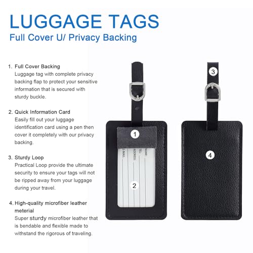 Vigorport Luggage Tags, Leather Personalized Suitcase Tag Set of 4 Pack - color: Black