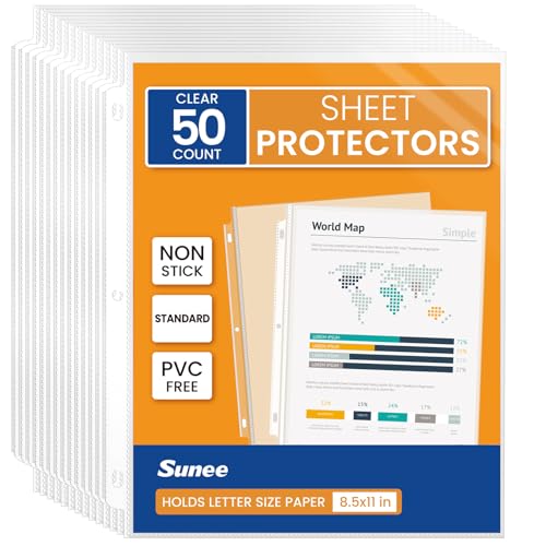 SUNEE Sheet Protectors 50 Packs for 3 Ring Binder, 8.5x11 Clear Plastic Page Sleeves for Paper, Documents, Certificate, Sheet Music, Recipe, File