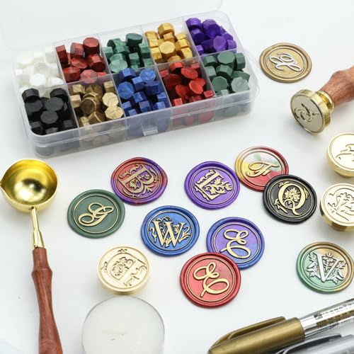 Letter Wax Seal Stamp Kit - Initial Alphabet M Stamp Head 2pcs, Vintage Monogram Stamps Wax Seal Kit with 200pcs Assorted Sealing Beads, Spoon, Metallic Gold Silver Pens - style: Letter M Wax Seal Stamp Kit