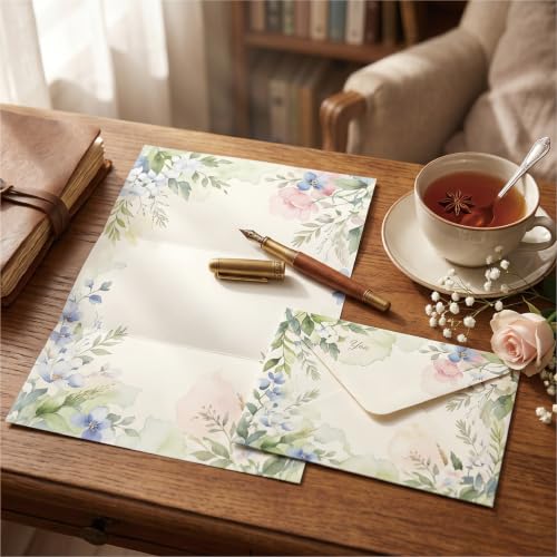 50 Pcs Stationery Paper Envelopes Set,No-Bleed Lined (6Style) | Includes 24 Writing Paper & 24 Envelopes with 24 Stickers, Flower Floral Letter Writing and Stationery Paper Envelopes - color: Soft Floral
