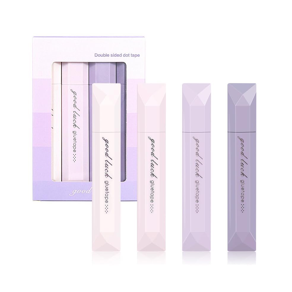 4 Pcs Double Sided Tape Pens, 6 mm*5 M, erasable, Scrapbooking Double Sided Tape Roller, Craft Adhesive Glue Runner, Multipurpose Journaling Supplies for Scrapbooking Gift Wrapping, School (Purple)