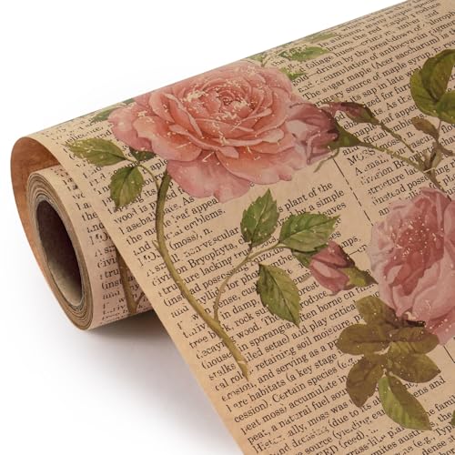 WRAPAHOLIC Kraft Vintage Floral Wrapping Paper - Mini Roll - 17 Inch x 16.5 Feet - Retro Rose Flower Letter Print Newspaper Kraft Wrapping Paper for Birthday, Wedding, Bridal Shower, Anniversary - color: Floral Letter